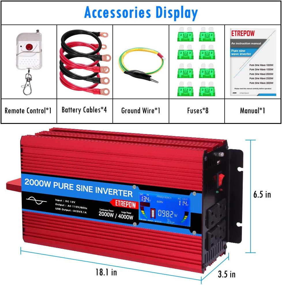 1000 Watt Pure Sine Wave Power Inverter 12V DC to 110V AC Q203