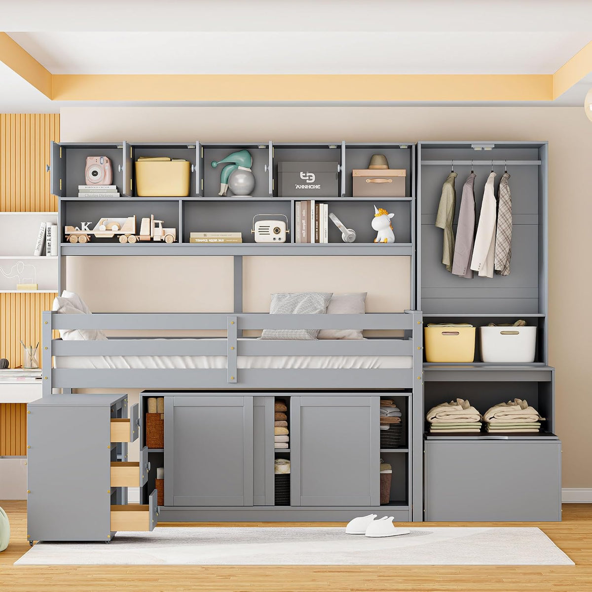 Gray Twin Size Loft Bed with Removable Desk Storage Stairs Wardrobe Eight Top Shelves Two Sliding Door Cabinets E478276