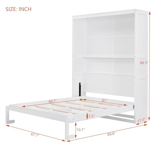 Queen Size Wood Murphy Bed with Shelves, Grey Y174