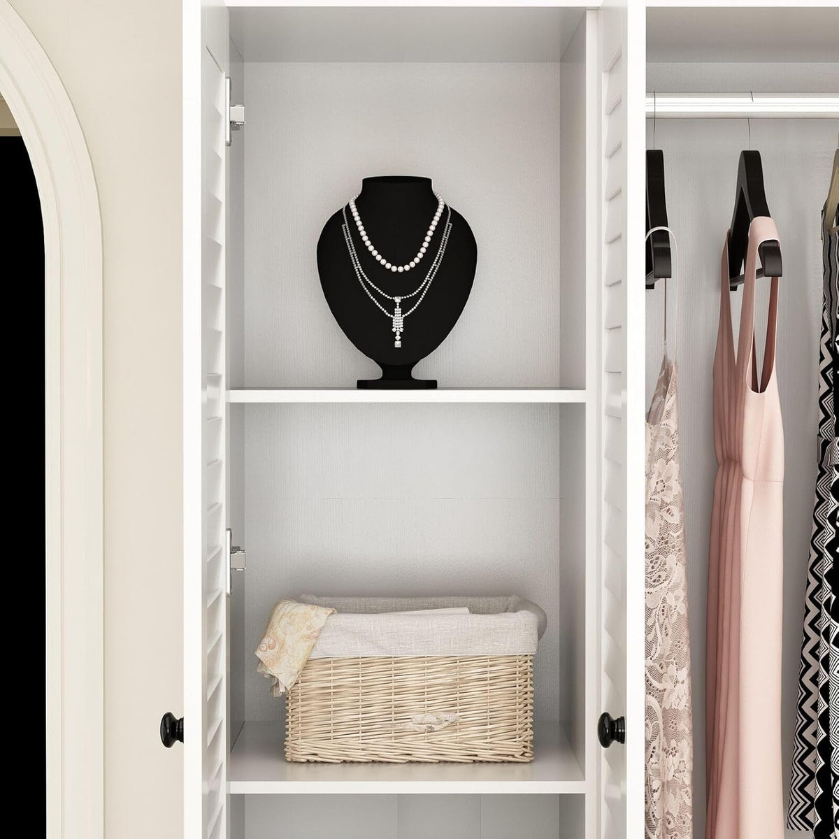Rustic White Slat Door Wardrobe with 5 Drawers and 4 Doors Q788239