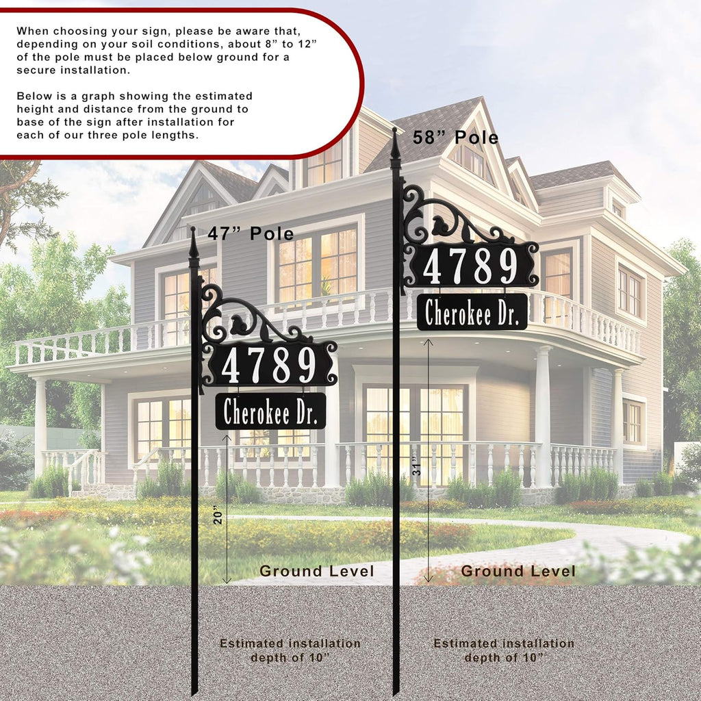Handcrafted Double-Sided Reflective Home Address Sign with 58” Pole M65593