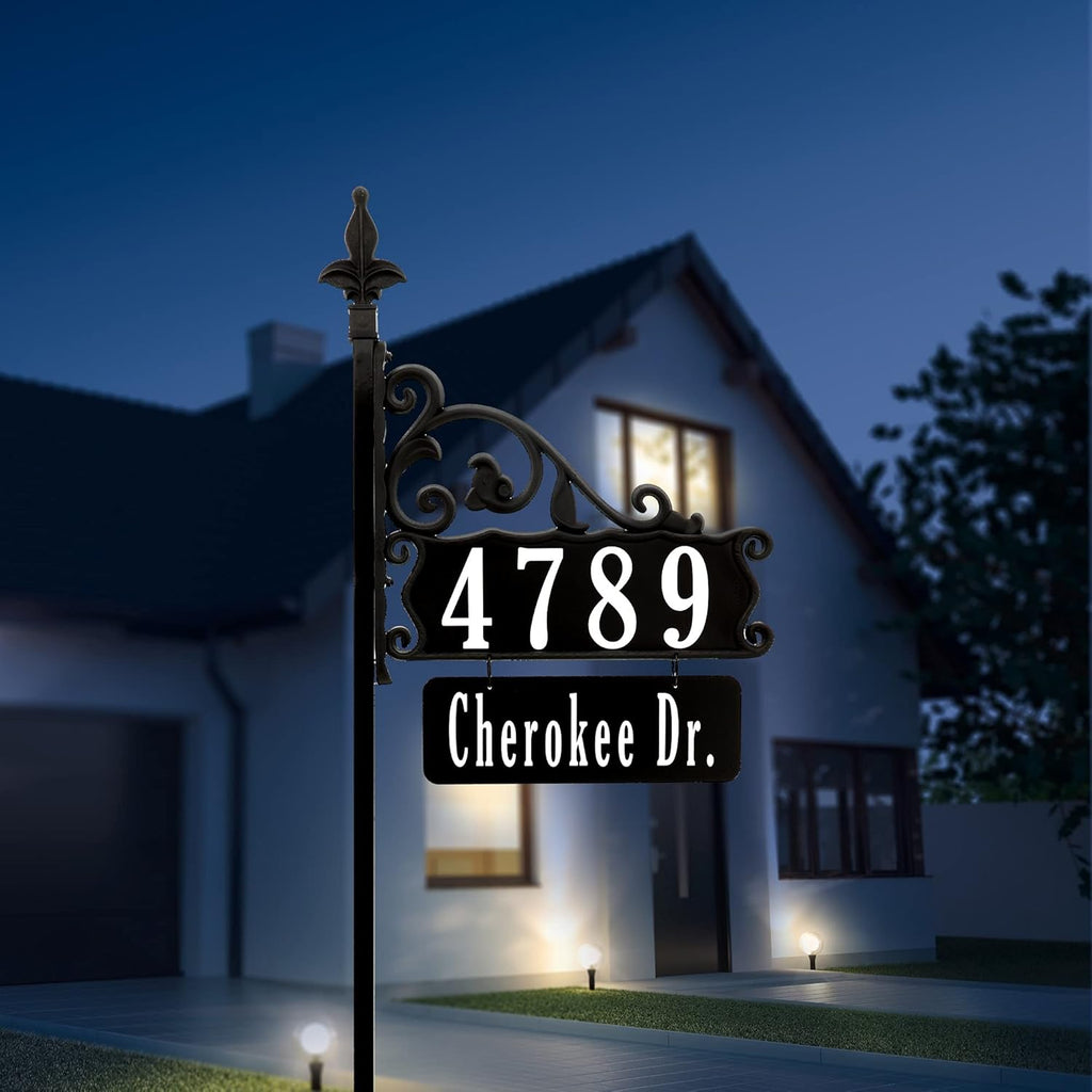Handcrafted Double-Sided Reflective Home Address Sign with 58” Pole M65593