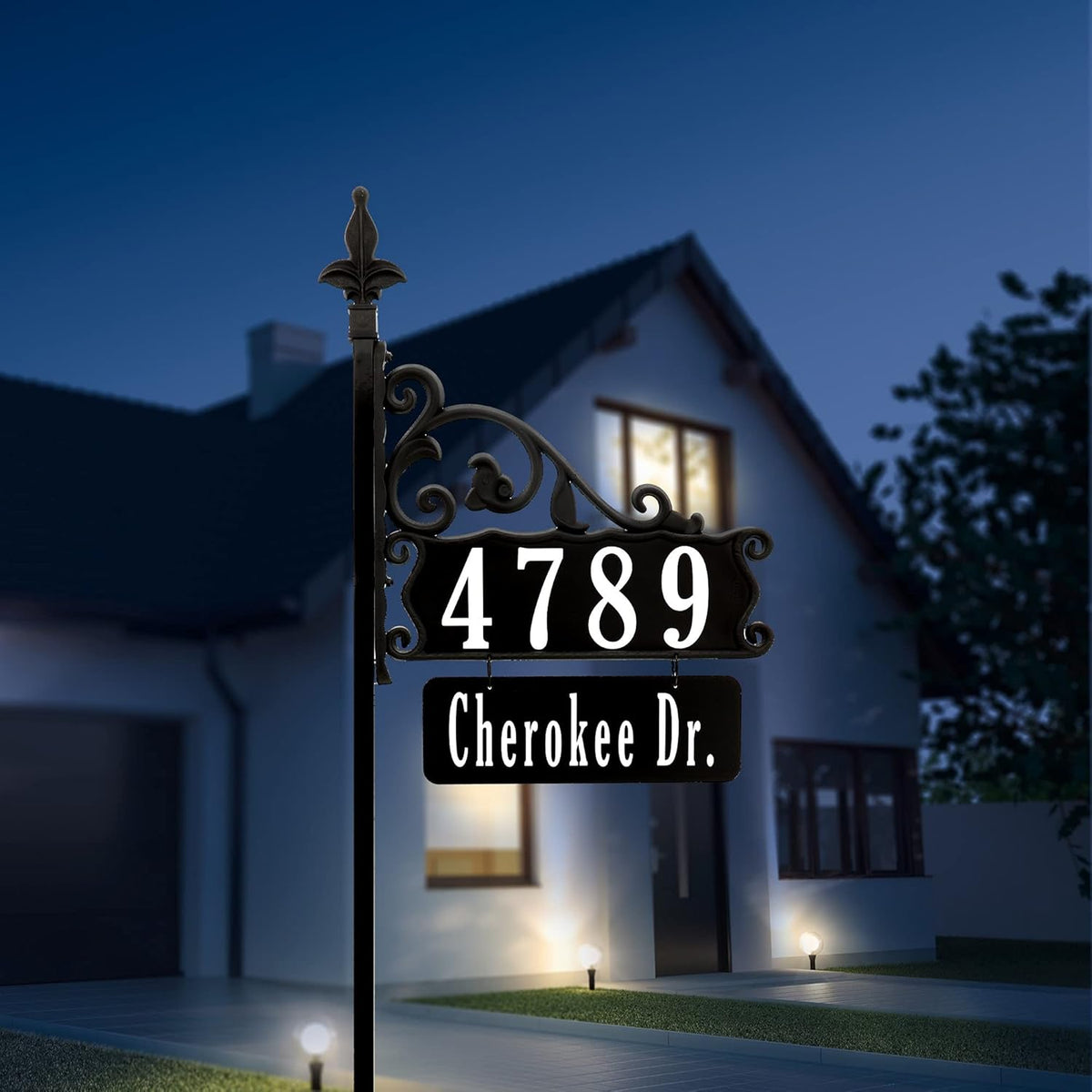 Handcrafted Double-Sided Reflective Home Address Sign with 58” Pole M65593