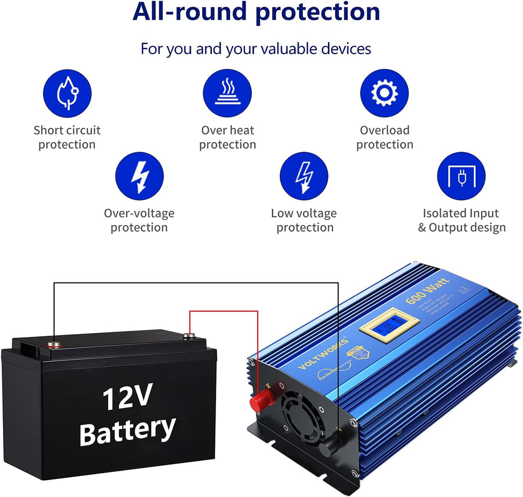 600 Watts Pure Sine Wave Power Inverter DC 12V to AC 110V 120V with USB Port & LCD Display G7590