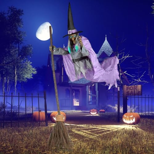 6FT Animated Flying Witch Halloween Decor with Scary Sounds and Lights X288