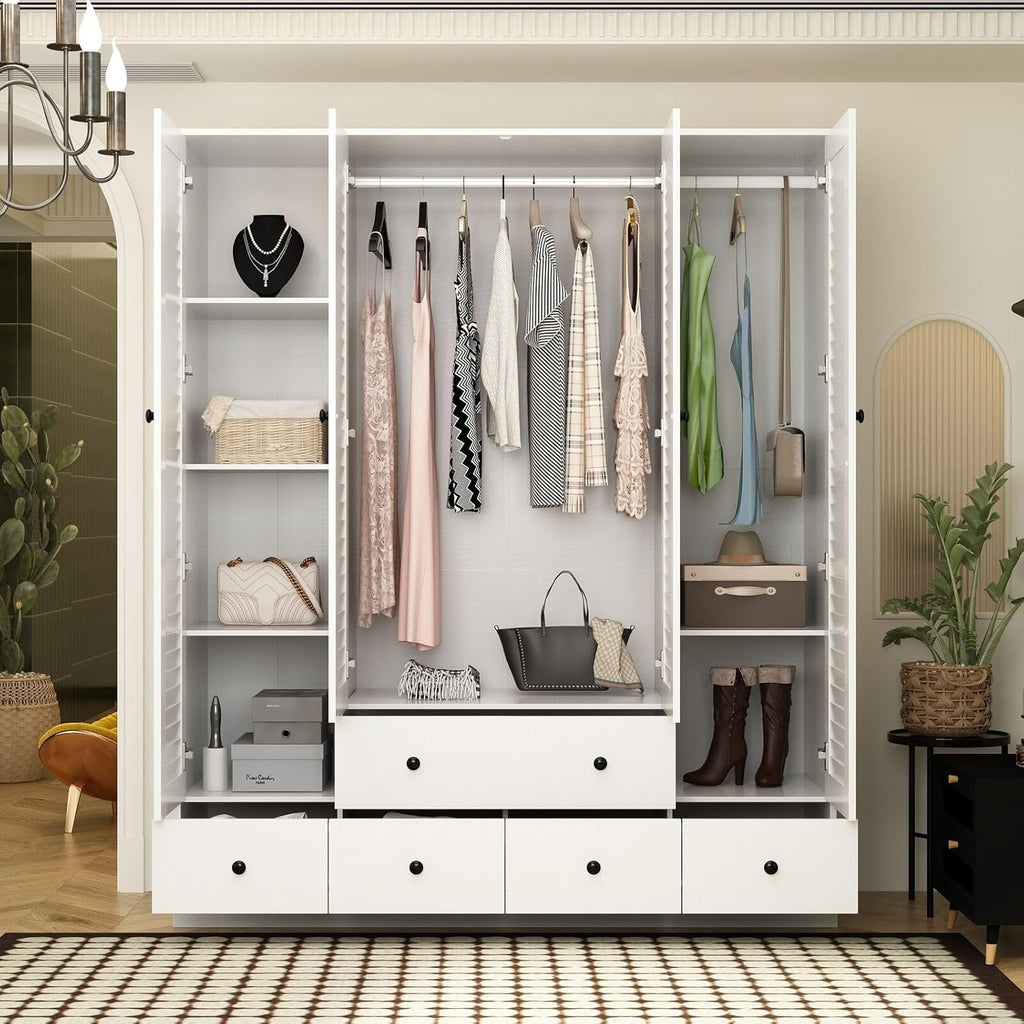 Rustic White Slat Door Wardrobe with 5 Drawers and 4 Doors Q788239