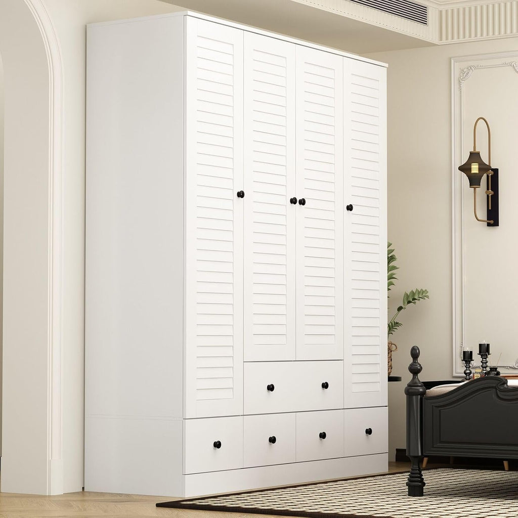 Rustic White Slat Door Wardrobe with 5 Drawers and 4 Doors Q788239