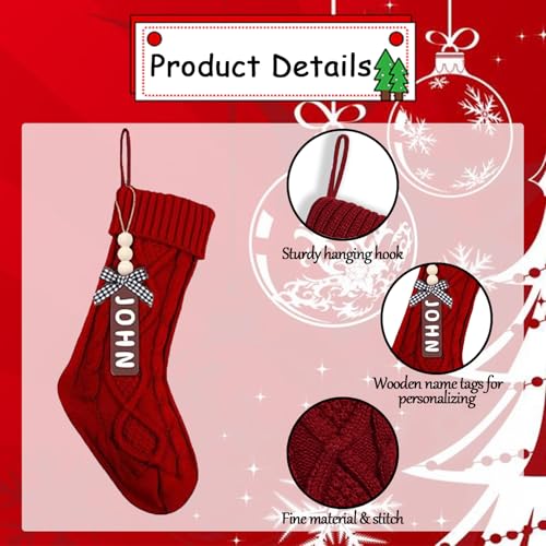Set of 6 White Red Green 18" Cable Knitted Christmas Stockings with Wooden Name Tags Z930676