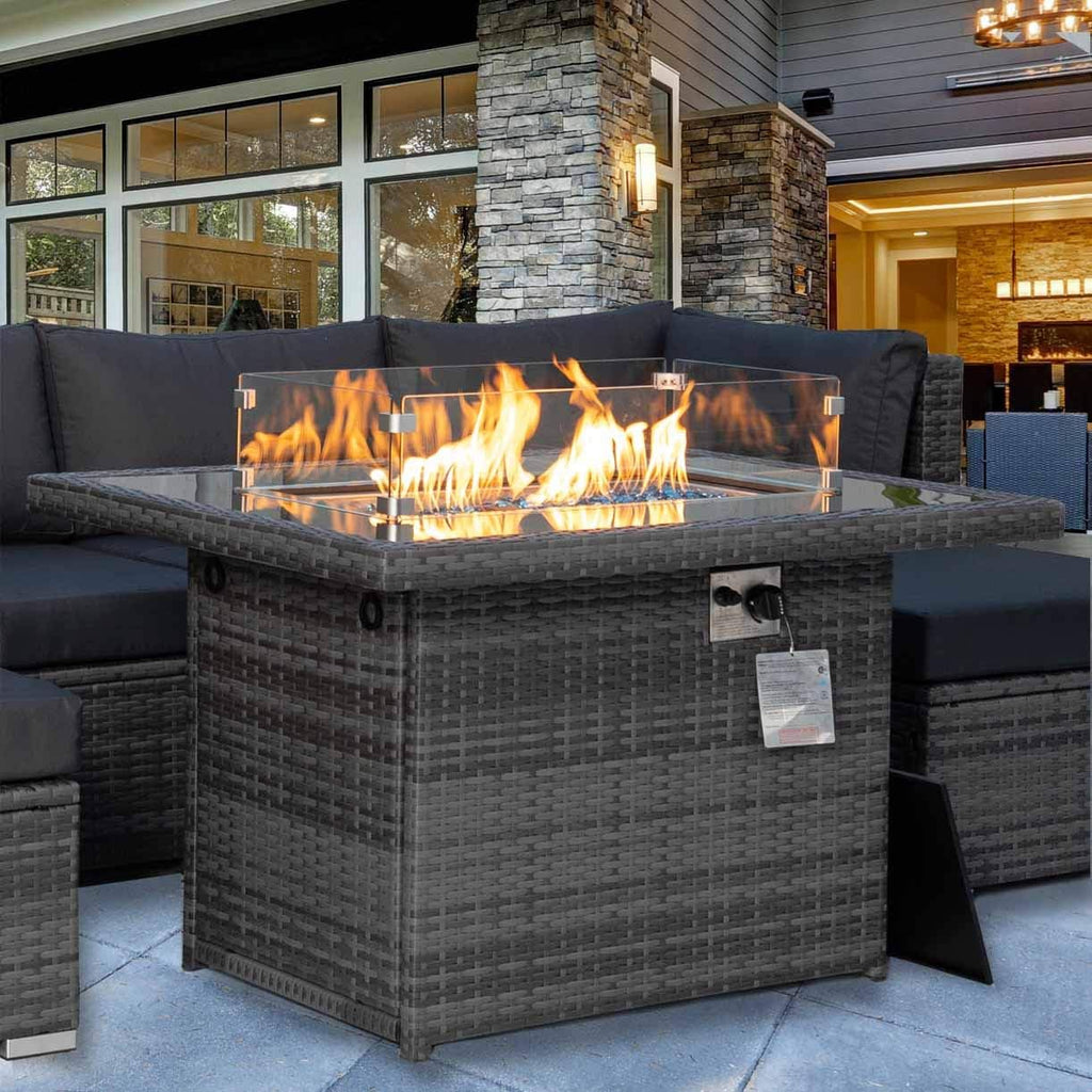 Rectangle Propane Fire Pit 55,000 BTU Auto-Ignition Tempered Glass Top I8618