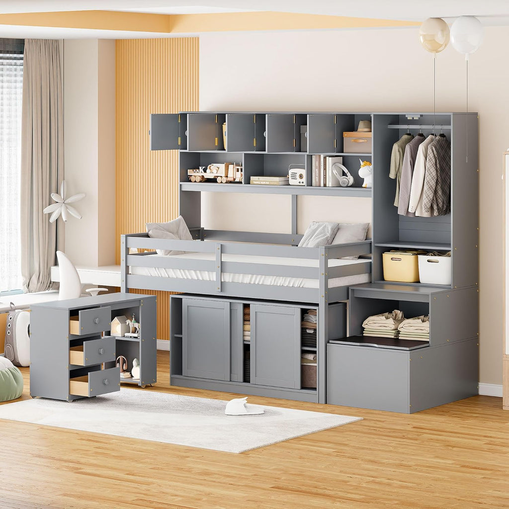 Gray Twin Size Loft Bed with Removable Desk Storage Stairs Wardrobe Eight Top Shelves Two Sliding Door Cabinets E478276