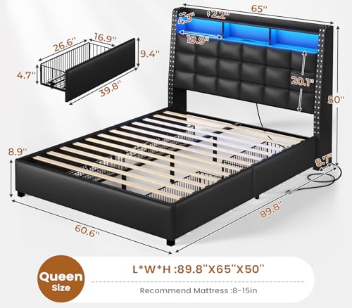 Gray Queen Bed Frame with Storage Headboard and 4 Drawers Z124