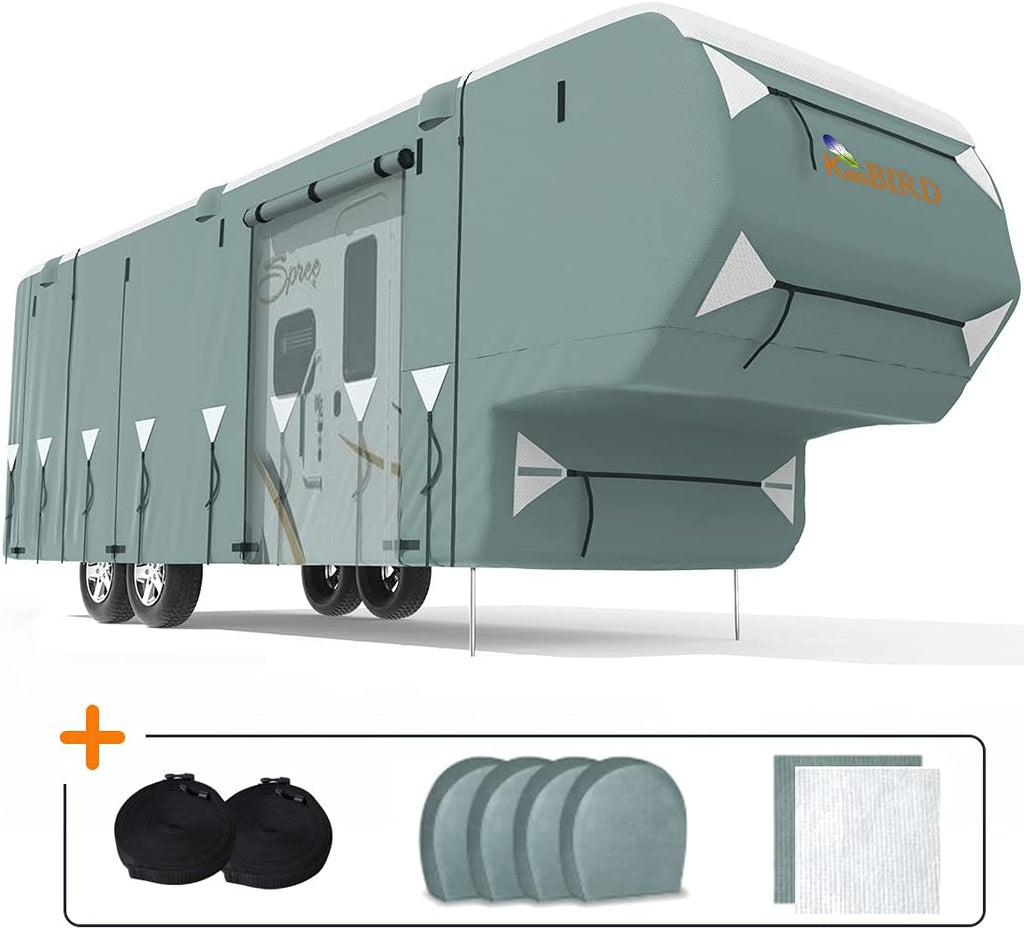 5th Wheel RV Cover, Extra-Thick 5 Layers Anti-UV Top Panel, Fits 28.5'-32.5' Motorhome with 2Pcs Extra Straps & 4 Tire Covers L171