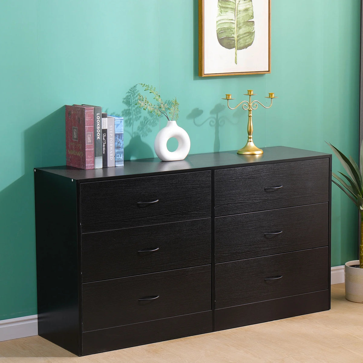 Black 6 Drawer Wood Dresser P40238