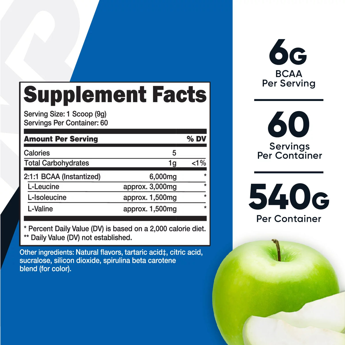 BCAA Powder Green Apple 60 Servings Non-GMO Supplement R838