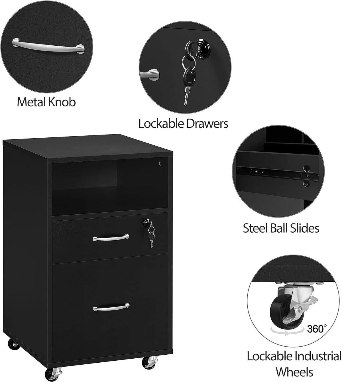2pcs Mobile File Cabinet Letter Size Filing Cabinet with Printer Stand Black Rustic Brown R89106