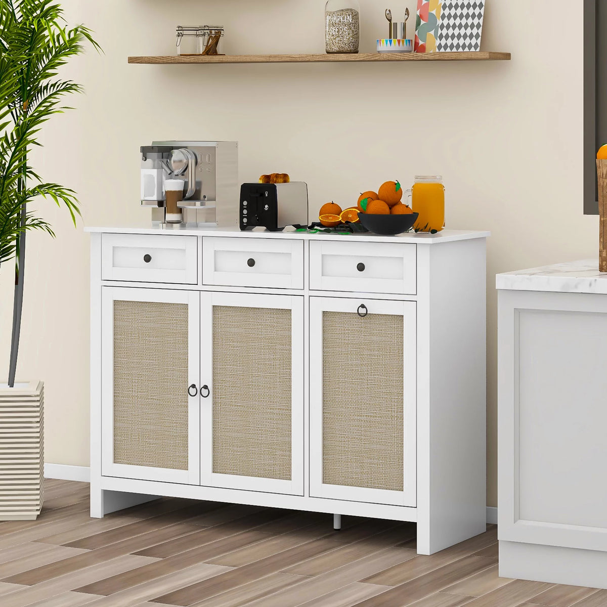 White Rattan Sideboard Buffet Cabinet with 3 Doors and 3 Drawer S494