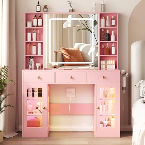 White Vanity Desk with Lighted Mirror and Glass Top N59081