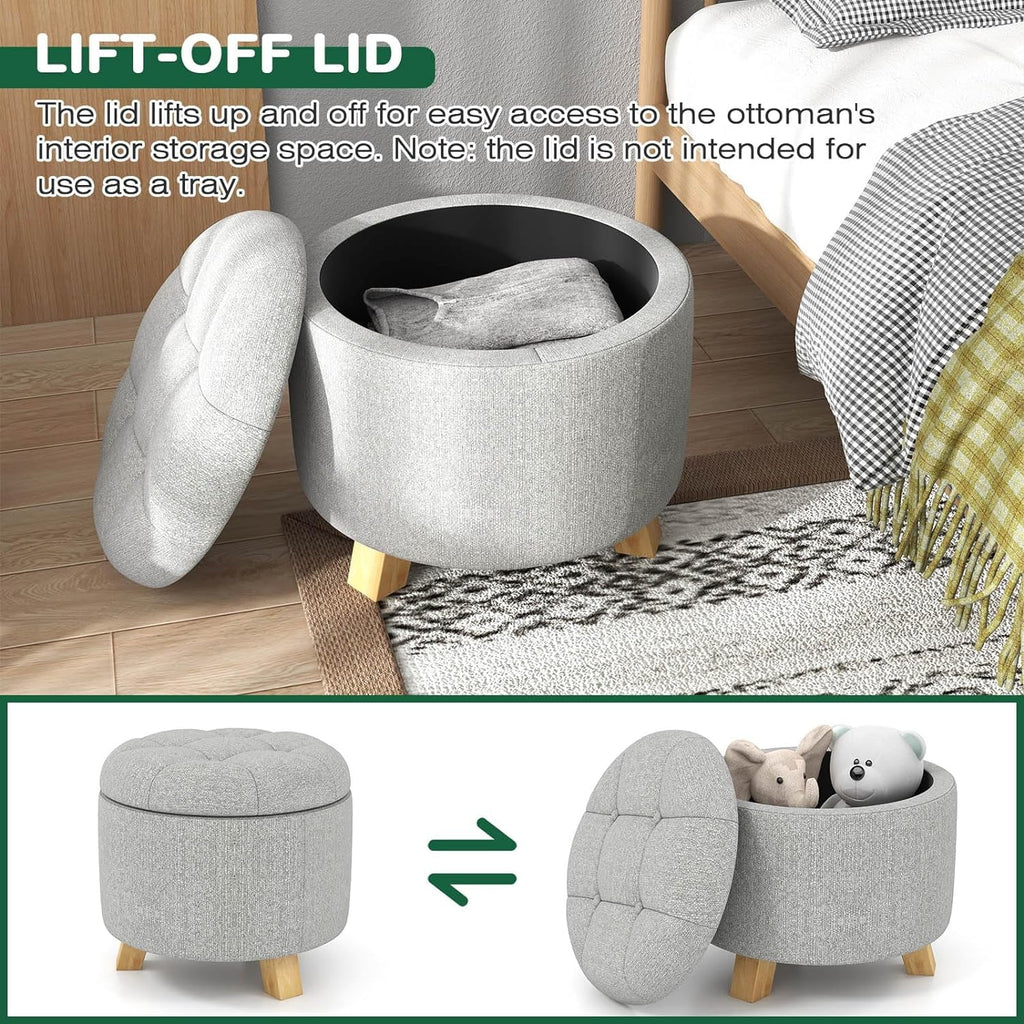 Round Fabric Upholstered Ottoman with Solid Wood Legs C96592