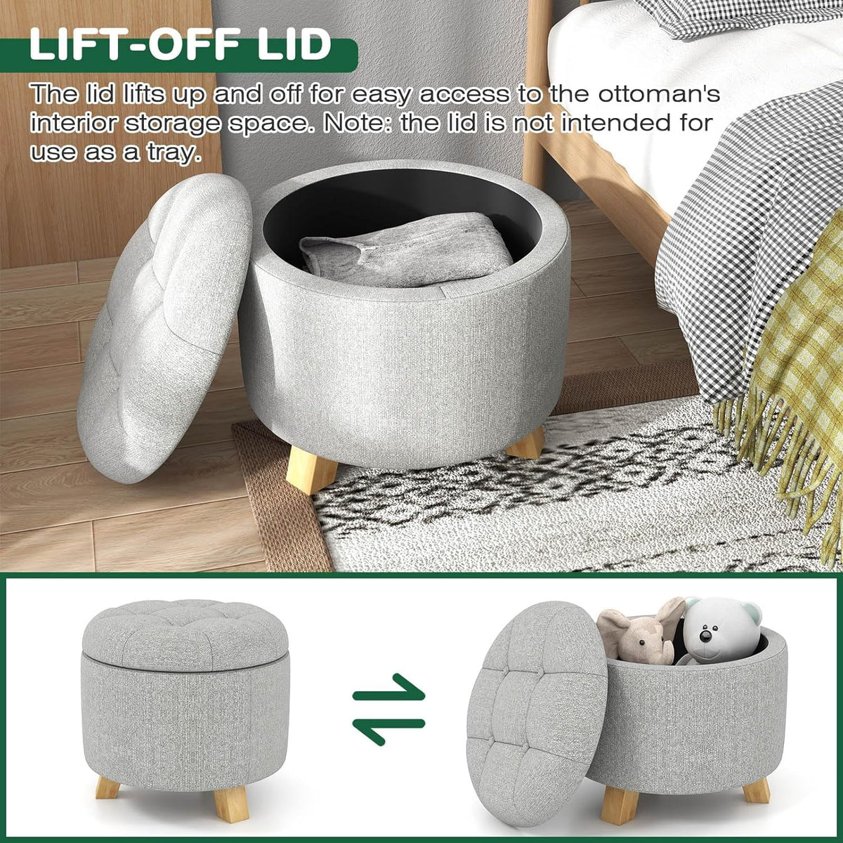 Round Fabric Upholstered Ottoman with Solid Wood Legs C96592