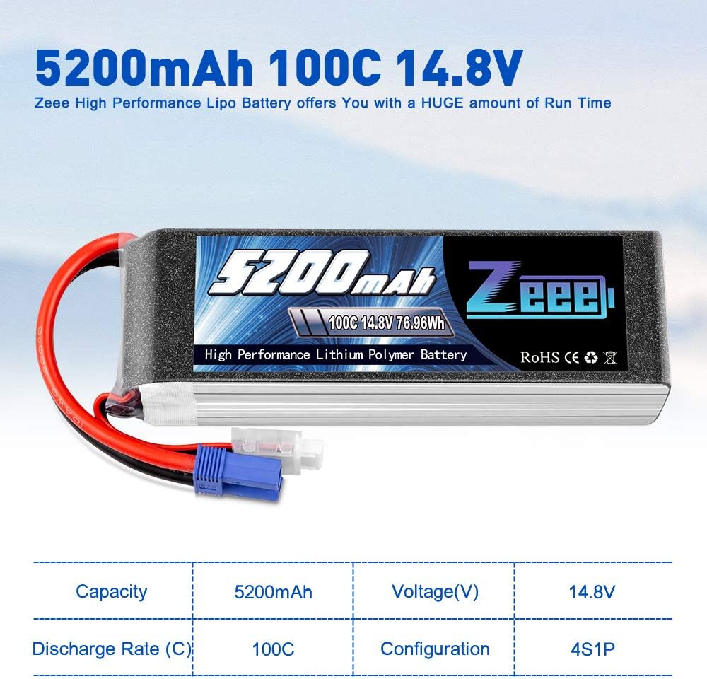 4S Lipo Battery 14.8V 5200mAh 100C EC5 Plug Soft Case 2 Pack P35799