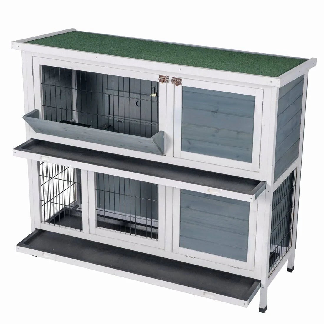 Two Floors Wooden Bunny Hutch Rabbit Cage with Feeding Trough F2651