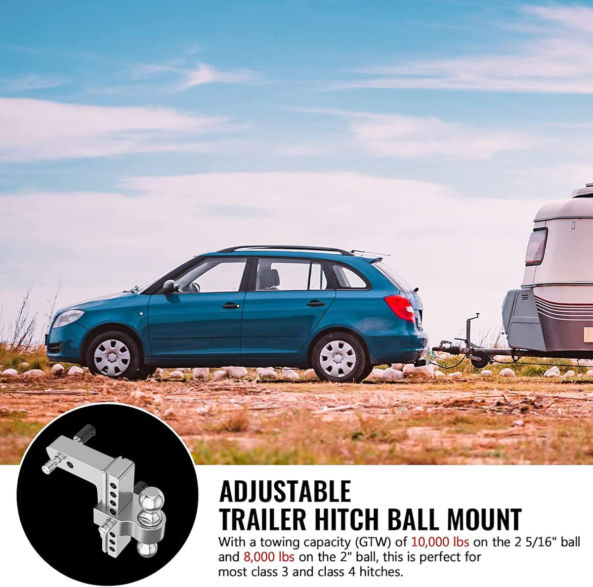 Adjustable Trailer Hitch Ball Mount, 2.5-Inch Receiver, 8-Inch Drop, 8-Inch Rise, Dual Towing Balls with Double Pin Key Locks H10246