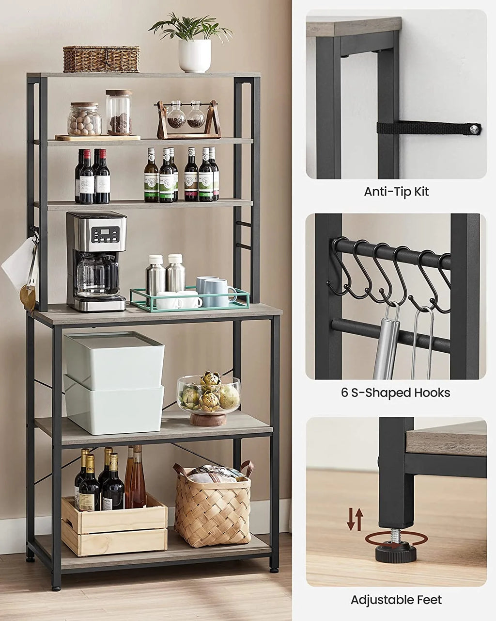 6-Tier Greige and Black Kitchen Shelves with 6 Hooks B49586