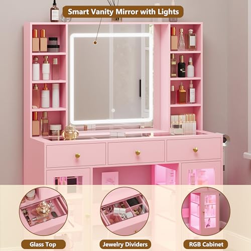 White Vanity Desk with Lighted Mirror and Glass Top N59081