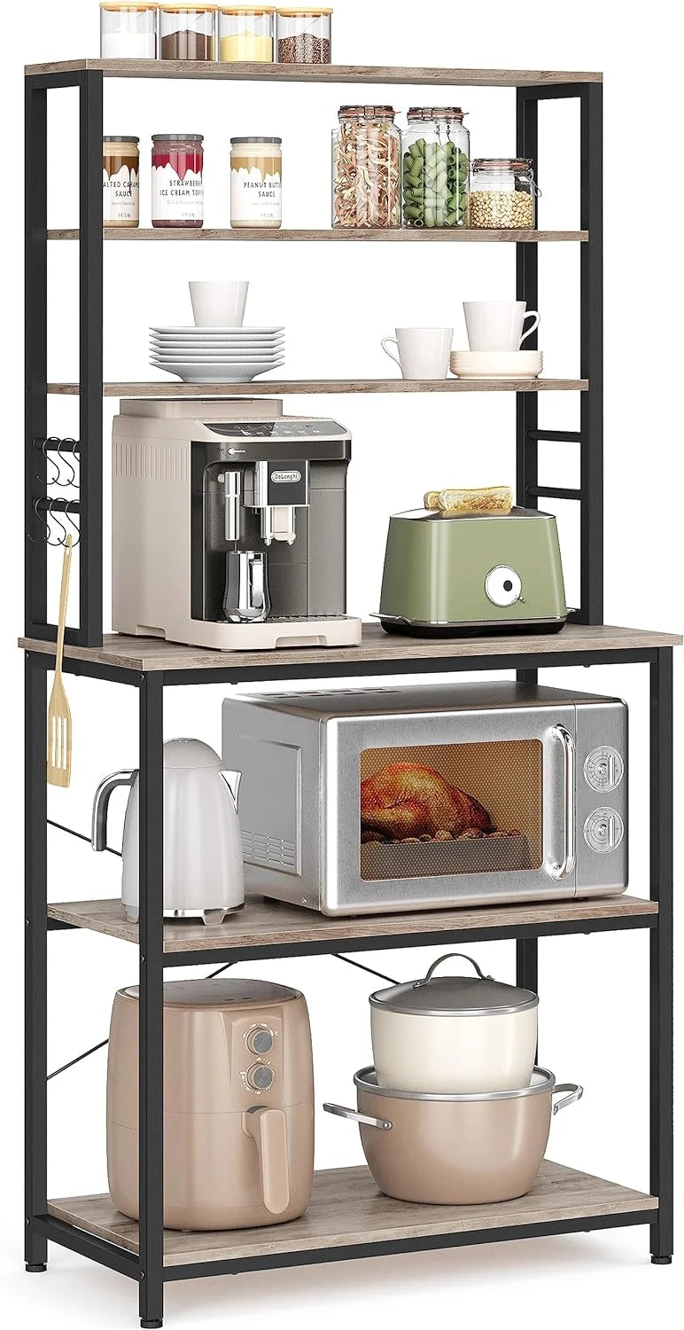 6-Tier Greige and Black Kitchen Shelves with 6 Hooks B49586