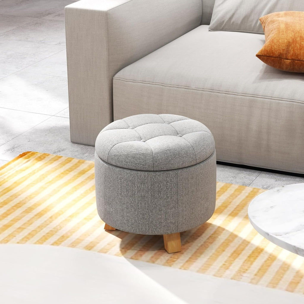 Round Fabric Upholstered Ottoman with Solid Wood Legs C96592
