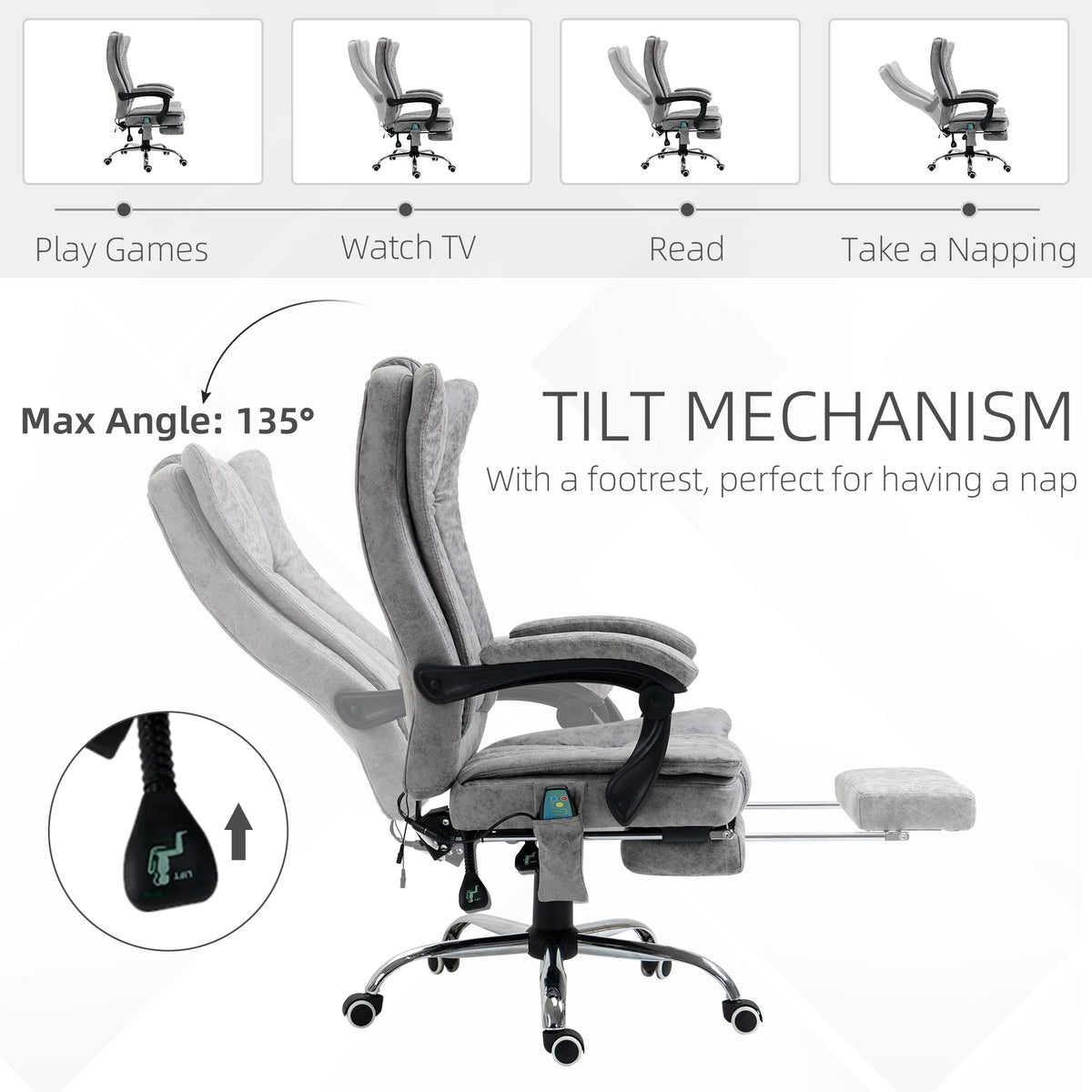 Gray Microfiber High Back Office Chair with Massage and Footrest A375
