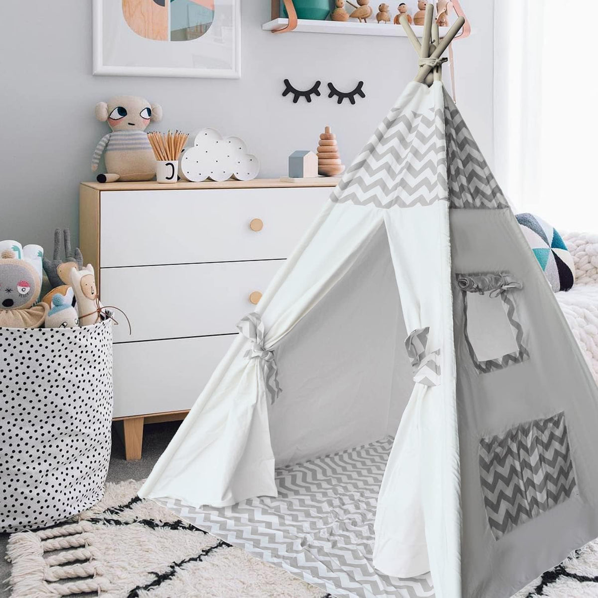 Grey Chevron Kids Teepee Tent with Floor & Carry Case D765281