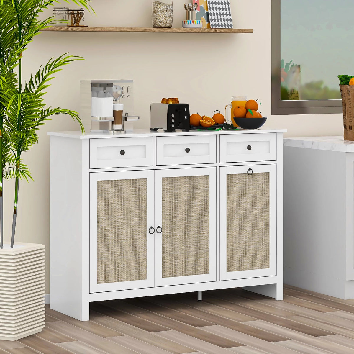 White Rattan Sideboard Buffet Cabinet with 3 Doors and 3 Drawer S494