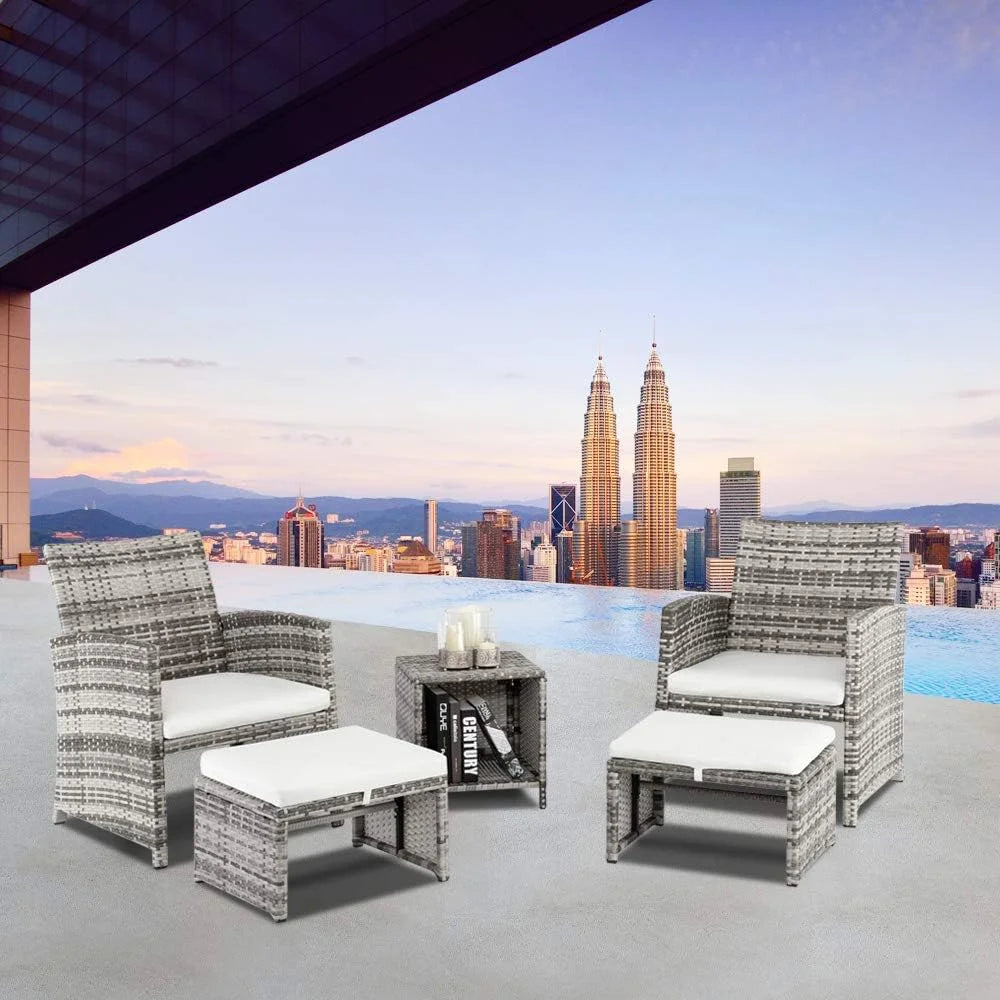 5 Pcs Wicker Rattan Cushioned Patio Sofa Set with Ottoman & Table I6587