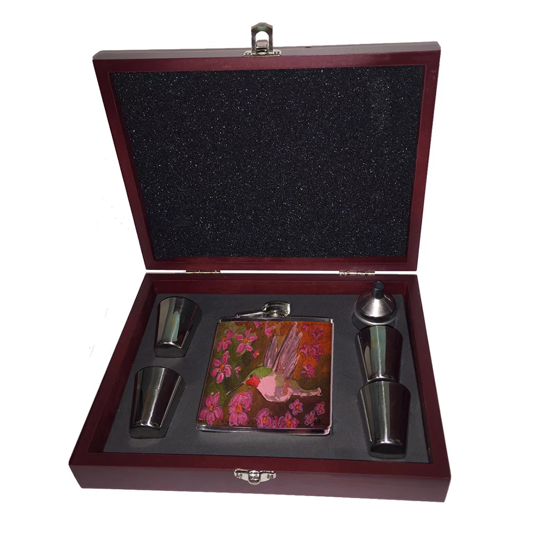 Pink Leather Flask Set in Rose Wood Gift Box H1090