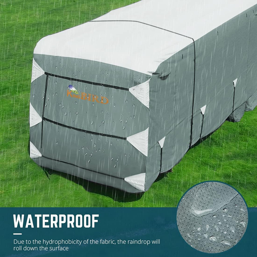 5th Wheel RV Cover, Extra-Thick 5 Layers Anti-UV Top Panel, Fits 28.5'-32.5' Motorhome with 2Pcs Extra Straps & 4 Tire Covers L171