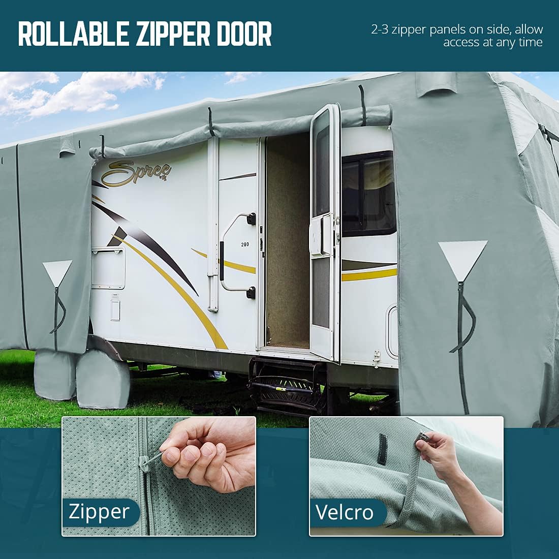 5th Wheel RV Cover, Extra-Thick 5 Layers Anti-UV Top Panel, Fits 28.5'-32.5' Motorhome with 2Pcs Extra Straps & 4 Tire Covers L171