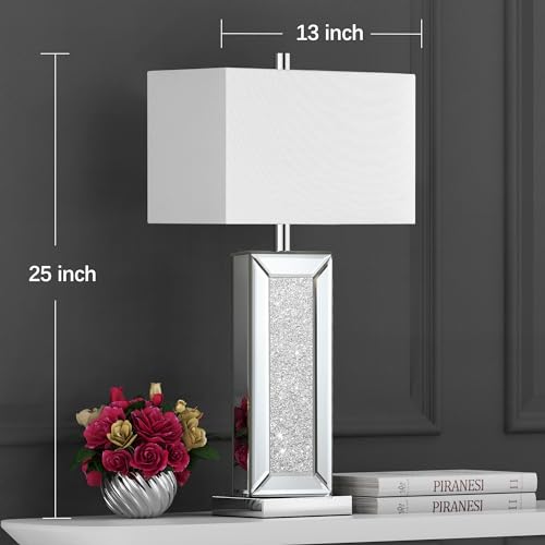 Table Lamp Set of 2 Touch Control Silver Mirror Crystal with USB C+A Ports 3-Way Dimmable White Fabric Shade C2153