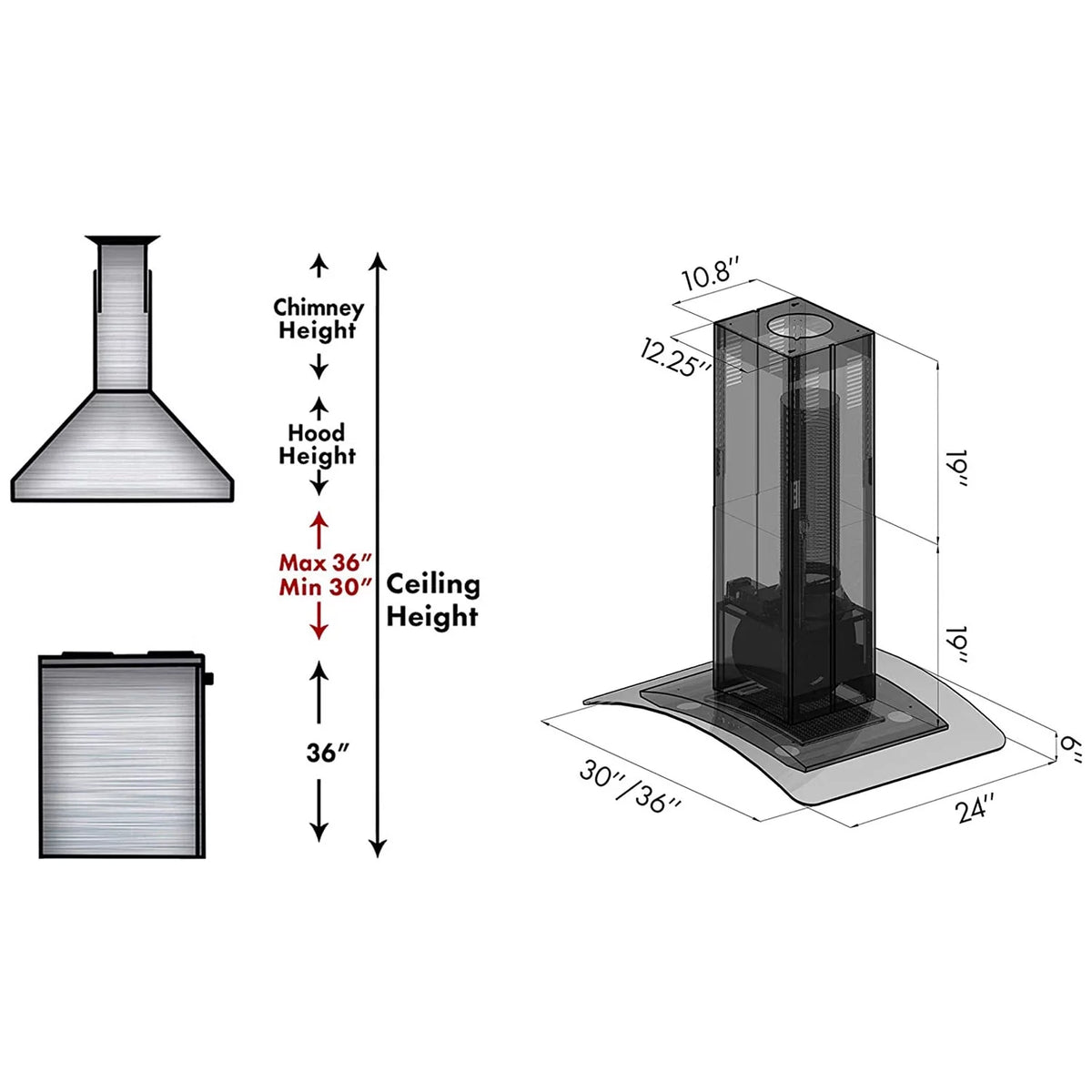 36" Island Ceiling Mount Range Hood Stainless Steel Glass I556