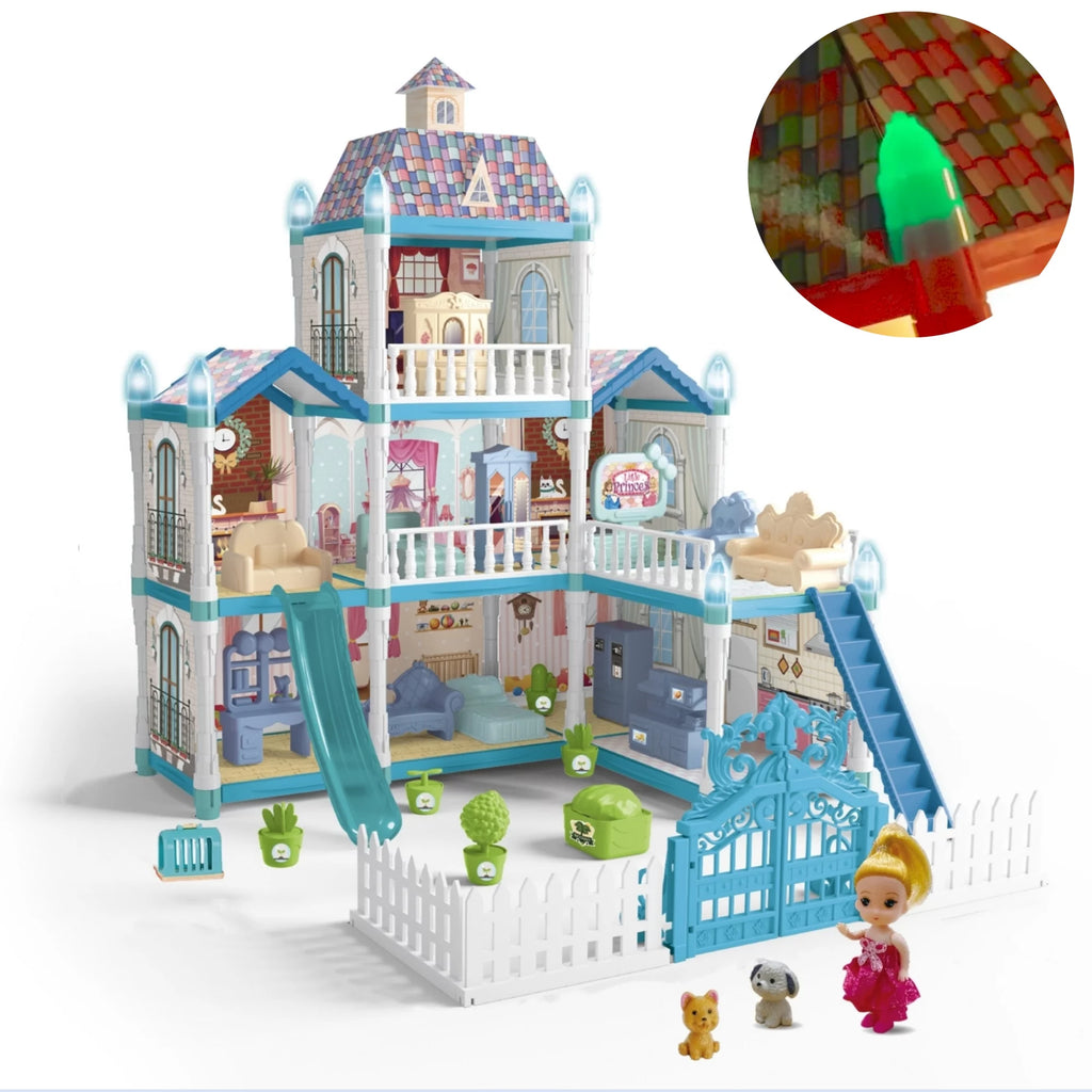 8 Room Dollhouse Play Set with Slide Doll and Furniture Accessories, 191 Pcs P717608