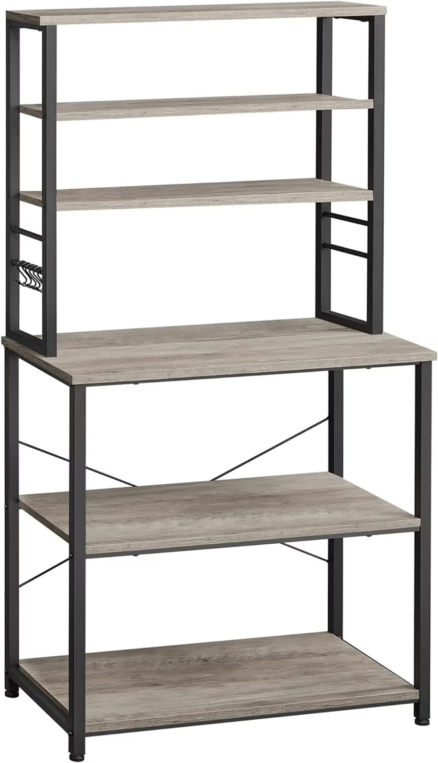6-Tier Greige and Black Kitchen Shelves with 6 Hooks B49586