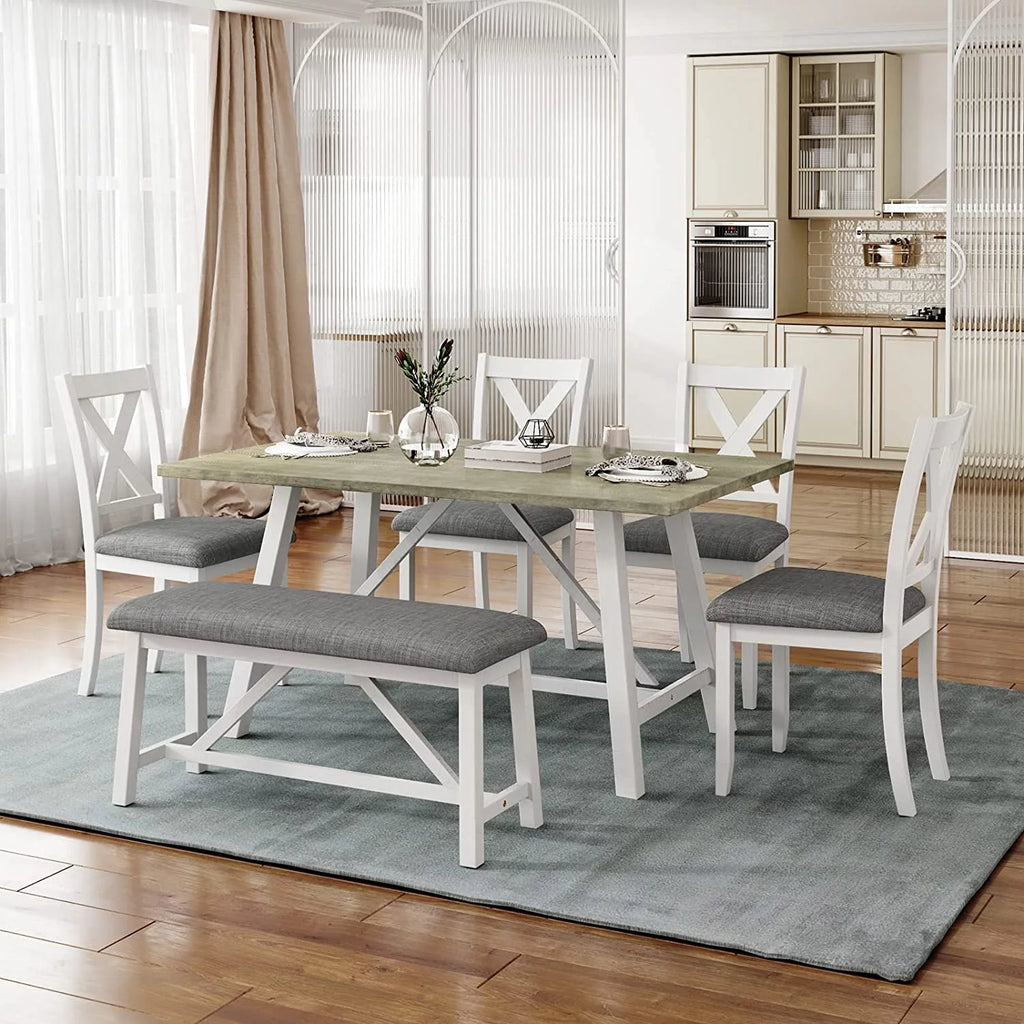 6 Piece White Gray Wood Dining Table Set with Bench and 4 Chairs M47923
