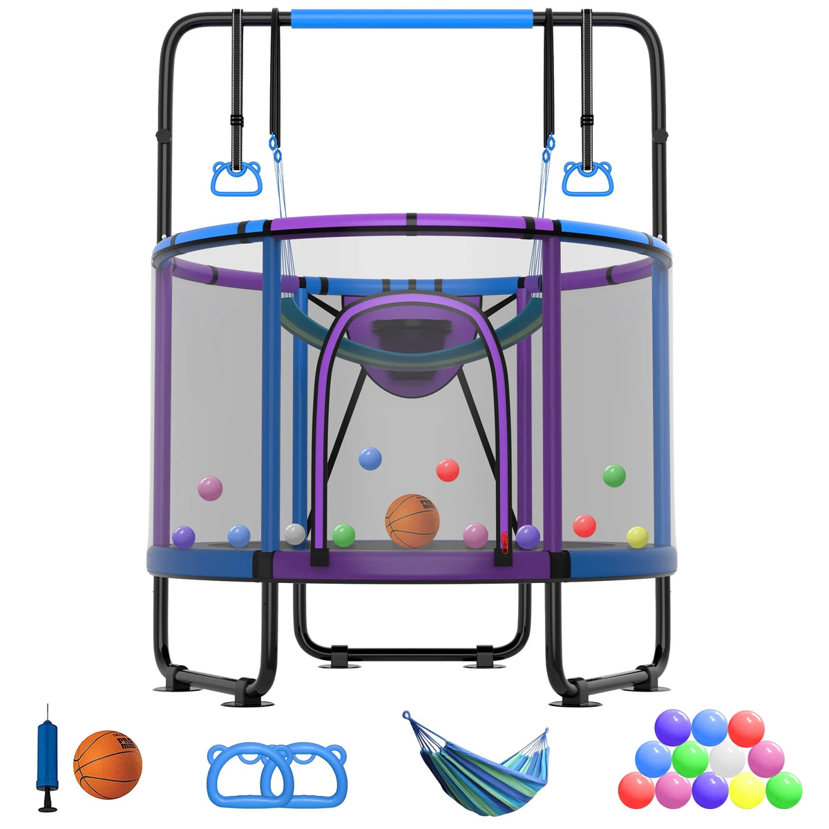 5FT Toddler Trampoline with Basketball Hoop, Swing, Adjustable Bar, Enclosure Net N159