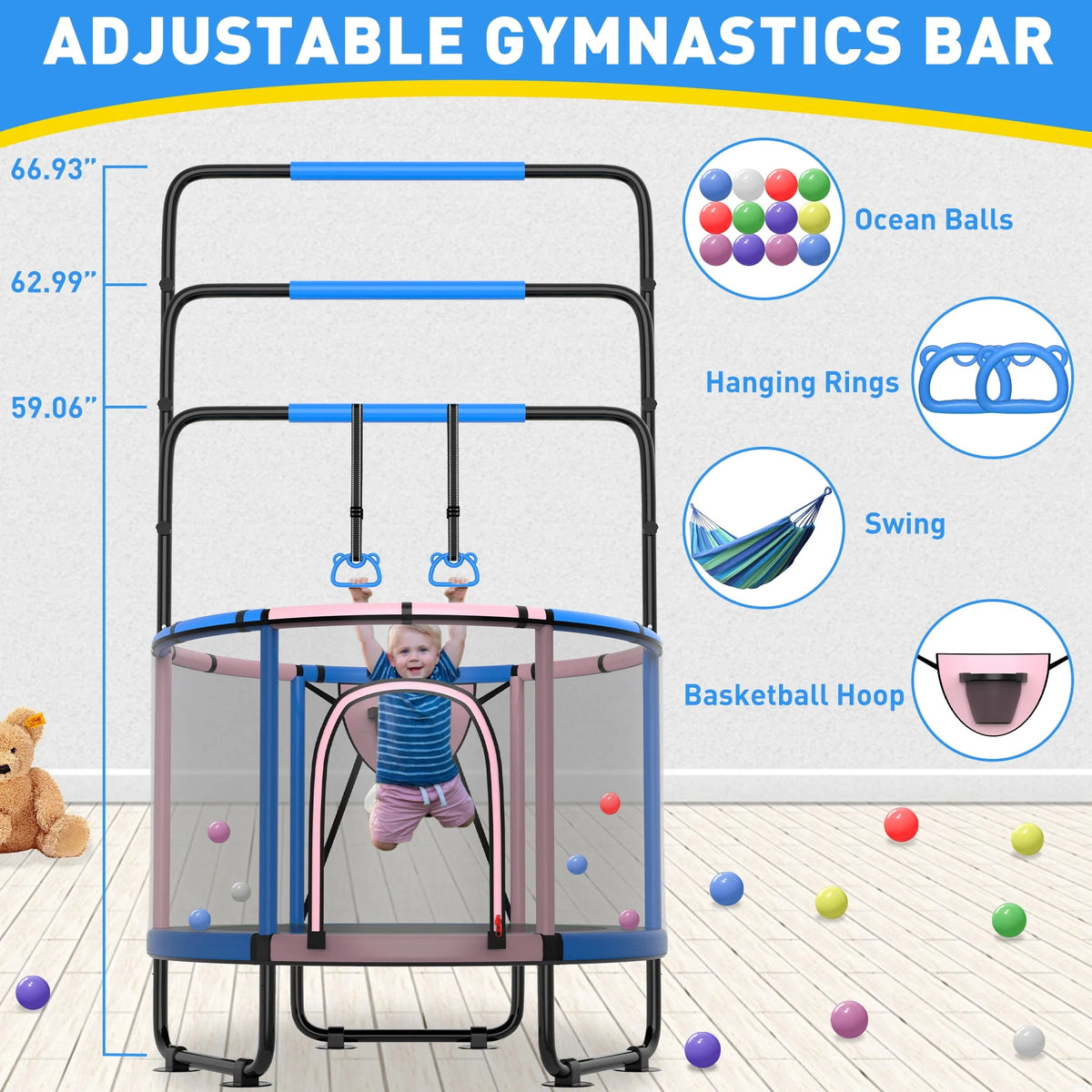 5FT Toddler Trampoline with Basketball Hoop, Swing, Adjustable Bar, Enclosure Net N159