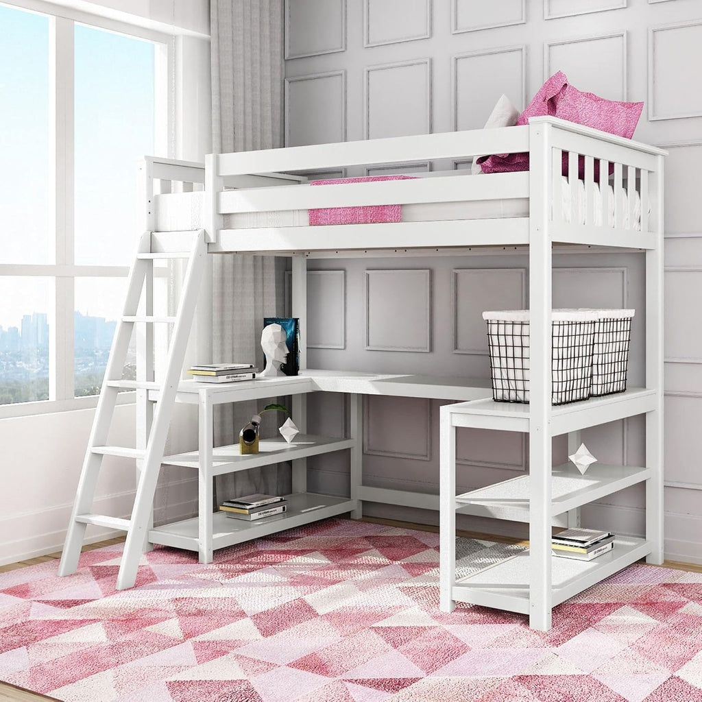 White Twin High Loft Bed with Bookcase and Desk Y64685