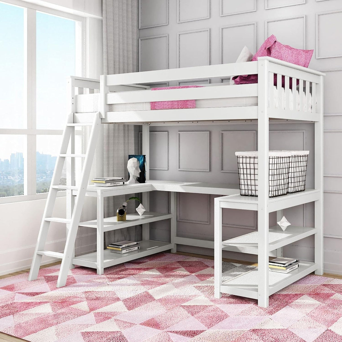 White Twin High Loft Bed with Bookcase and Desk Y64685