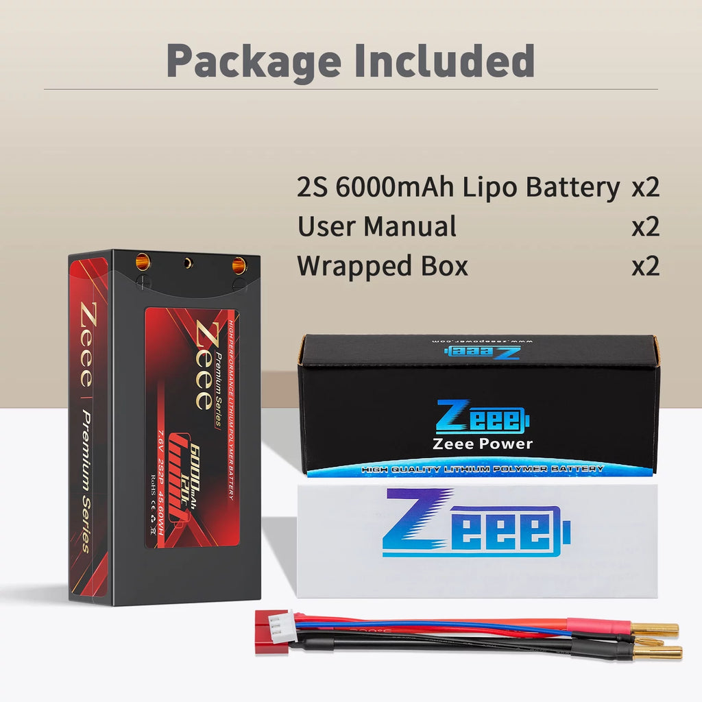 2S Lipo Battery 7.6V 6000mAh 120C Shorty Hard Case 2 Pack X34717