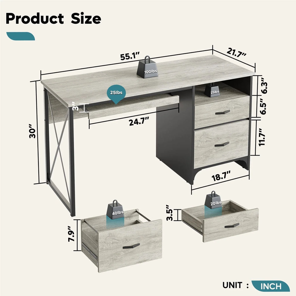 55 inch Industrial Computer Desk with Storage H654