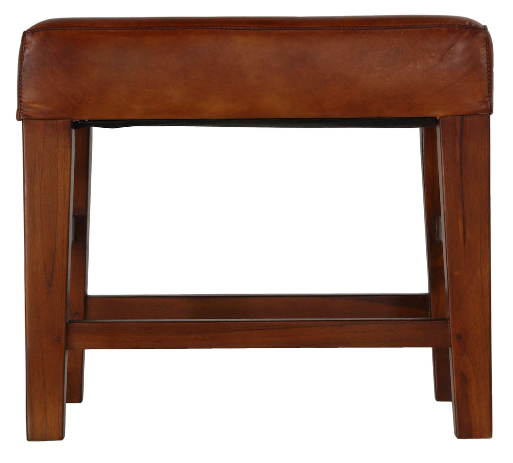 Genuine Leather Ottoman with Solid Teak Wood Legs, Brown O193