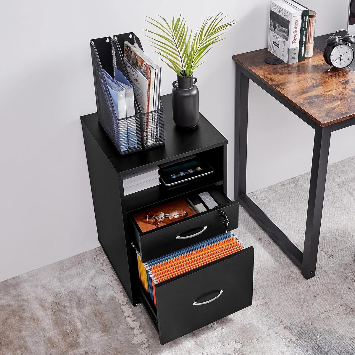 2pcs Mobile File Cabinet Letter Size Filing Cabinet with Printer Stand Black Rustic Brown R89106